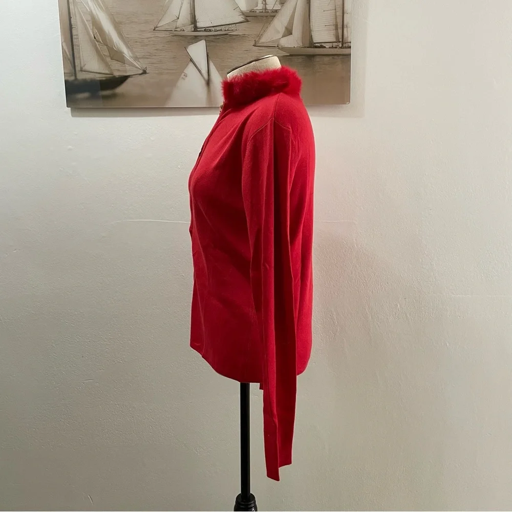 Luxurious SILK Blend Zip Up Cardigan with Plush Fur Collar - Quiet Luxe Small - Picture 2 of 11